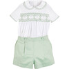 Handsmocked Peter Pan Collar Short Sleeve Two Piece Set, Green - Mixed Apparel Set - 1 - thumbnail