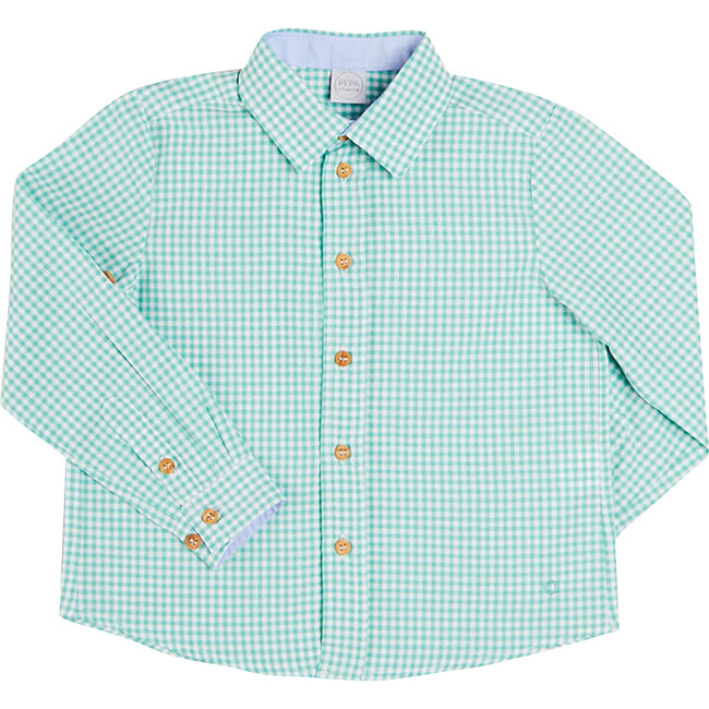 Gingham Polo Collar Long Sleeve Shirt, Green