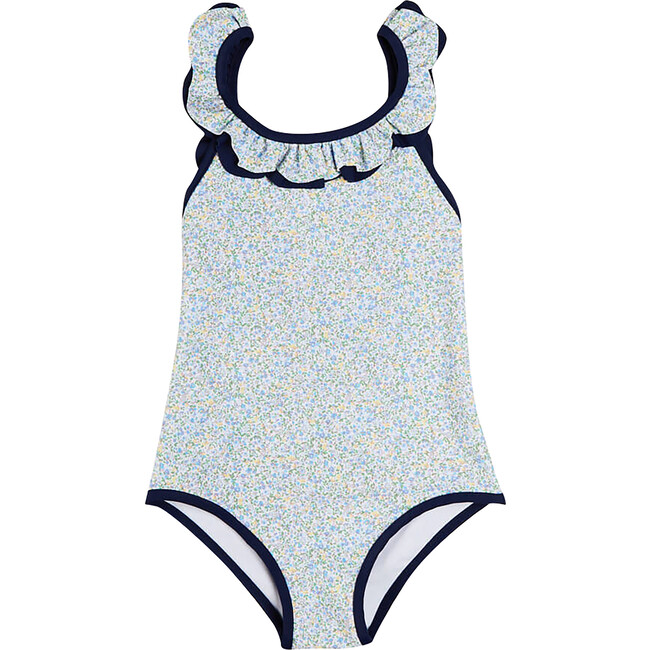 Floral Print Ruffle Trim Swimsuit, Blue