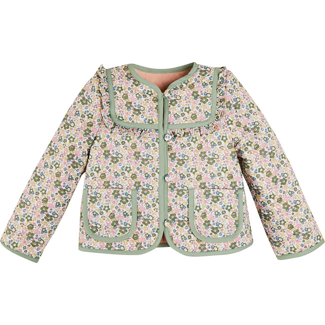 Emilia Floral Print Frill Trim Reversible Quilted Jacket, Green