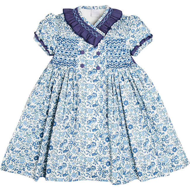 Daphne Floral Print Handsmocked Double Breasted Dress, Blue