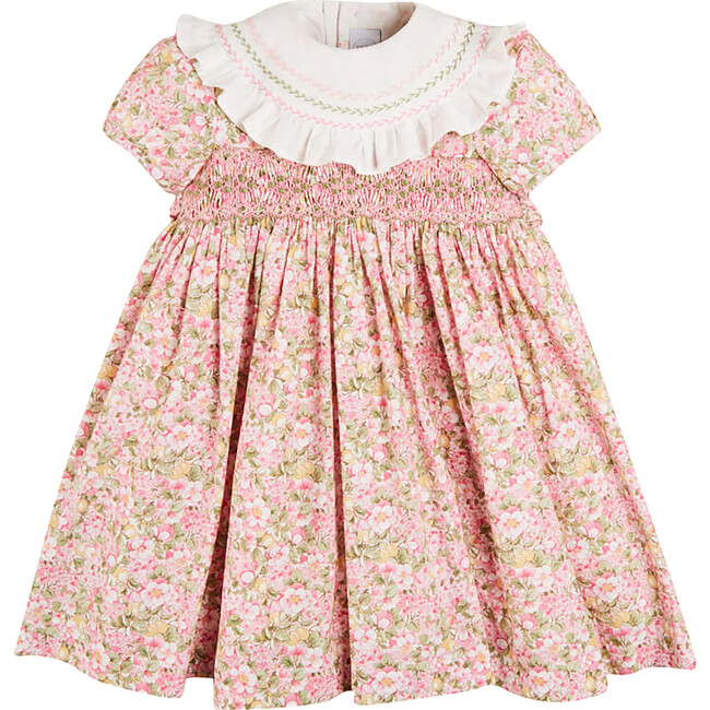 Eloise Floral Print Handsmocked Short Sleeve Dress, Pink