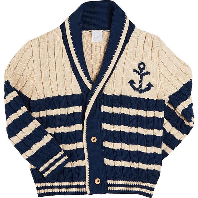 Anchor Motif Striped Cable Knit Cardigan, Navy
