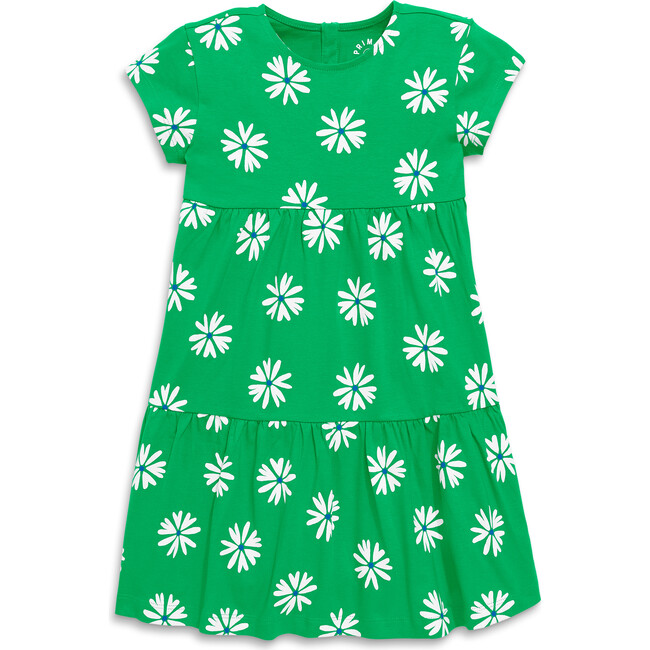Tiered T-Shirt Dress In Blooms, Green Apple White Blooms