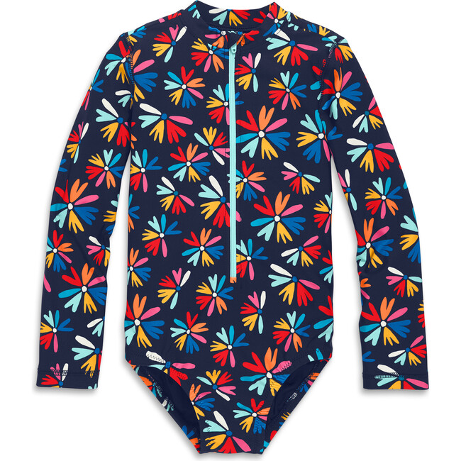 Long Sleeve One-Piece Rash Guard In Bright Blooms, Navy Multi Blooms