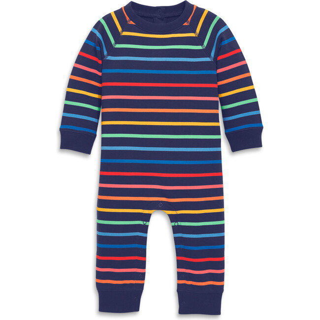 Baby Sweatshirt Romper In Sunrise Rainbow Stripe, Navy Rainbow Sunrise Stripe