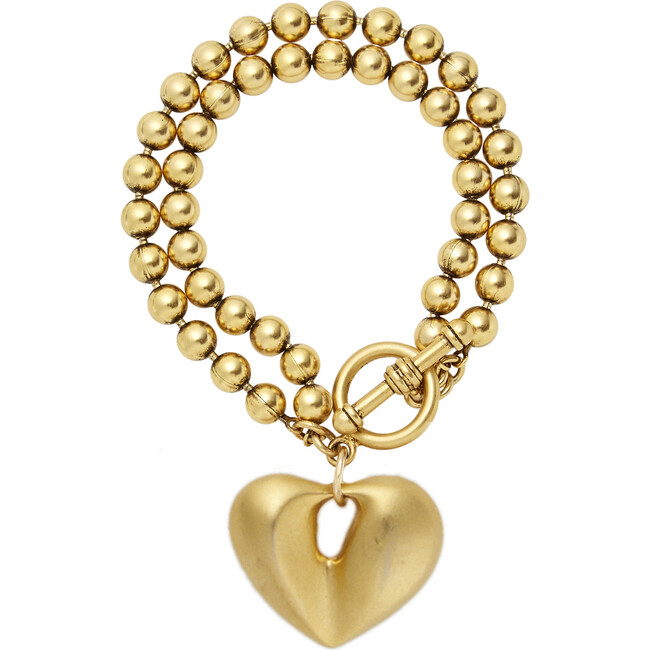 Women's Lucy Double-Beaded Ball Chain Bracelet With Puffy Heart Charm, Gold
