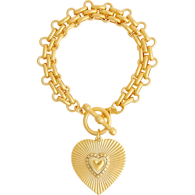 Women's Heart Medallion Charm Brick Chain Bracelet, Gold