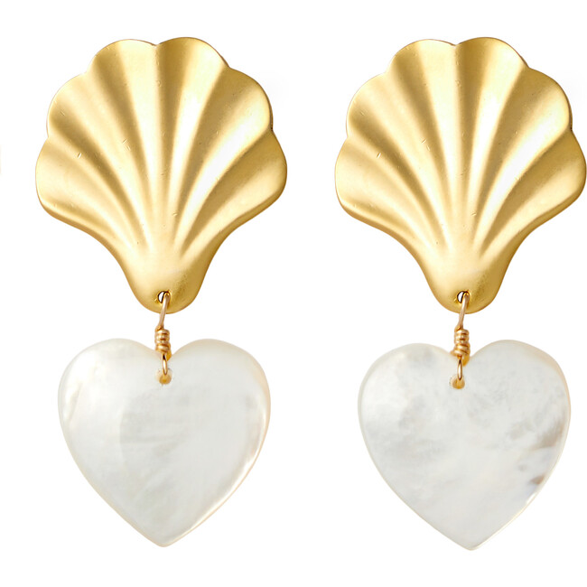 Women's Busy Shell & Pearl Heart Drop Earrings, Gold