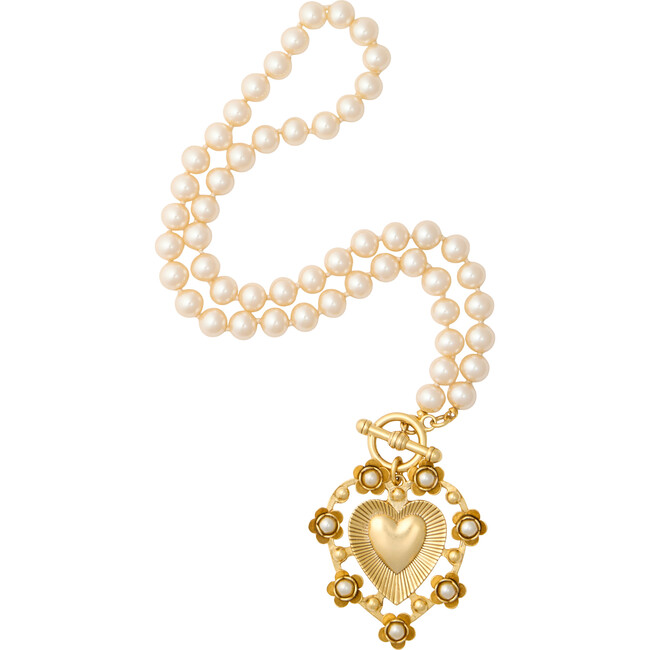 Women's Adele Pearl Necklace With Knotted Pearl Heart Medallion