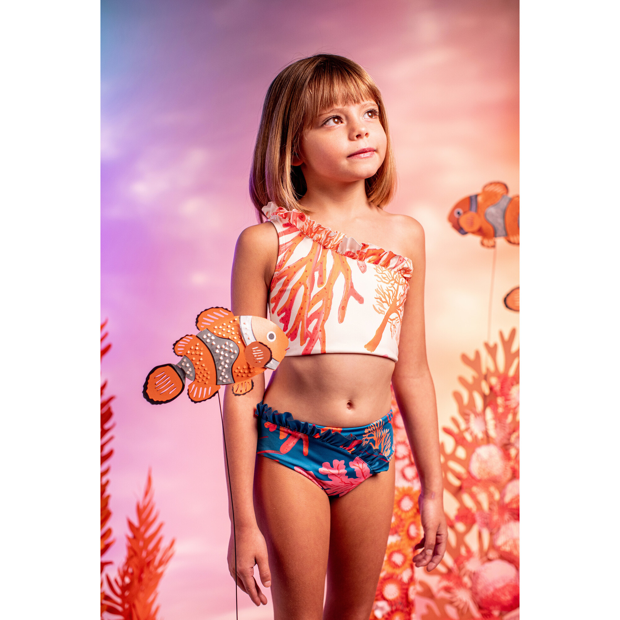 Corales Waves Asymmetrical Neck Ruffle Bikini, Multicolors