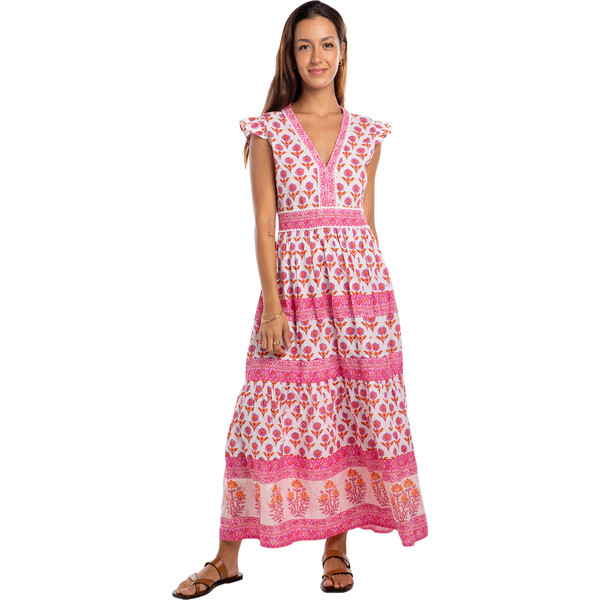 Women's Celine Block Print Ruffle Sleeve Maxi Dress, Pink/Orange ...