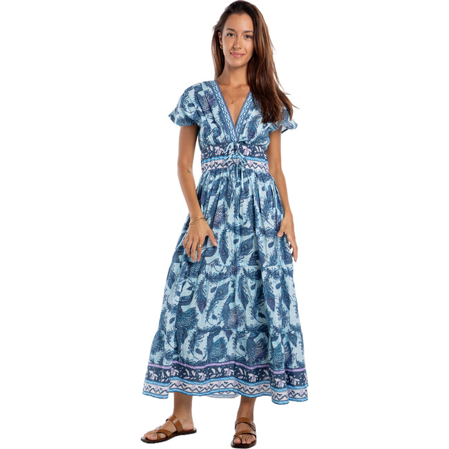 Women's Aria Printed elastic waistline Maxi Dress, Blue Peacock
