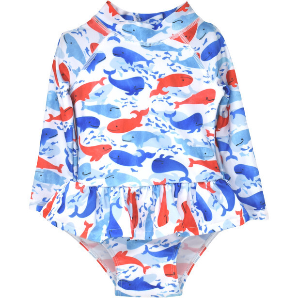 UPF 50 Alissa Infant Ruffle Rash Guard Swimsuit, Splish Splash Whale Blue