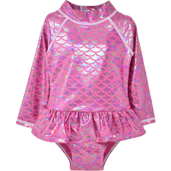 UPF 50 Alissa Infant Ruffle Rash Guard Swimsuit, Shiny Pink Scales