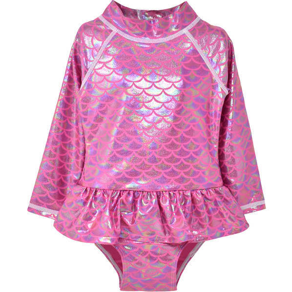 UPF 50 Alissa Infant Ruffle Rash Guard Swimsuit, Shiny Pink Scales - Rash Guards - 1