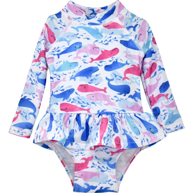 UPF 50 Alissa Infant Ruffle Rash Guard Swimsuit, Rosy Whales