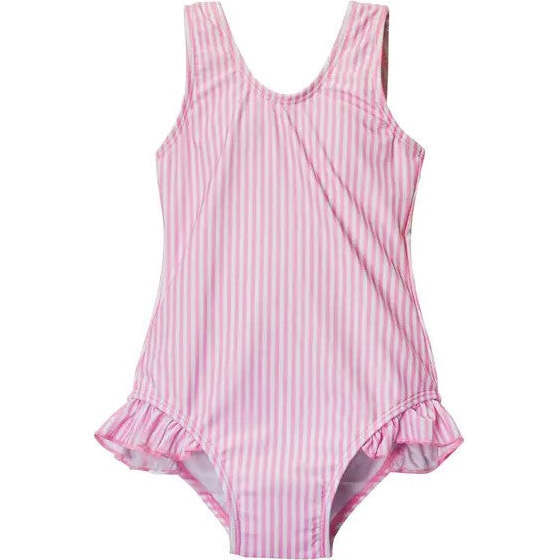 UPF 50 Delaney Hip Ruffle Swimsuit, Sweet Pink Stripe