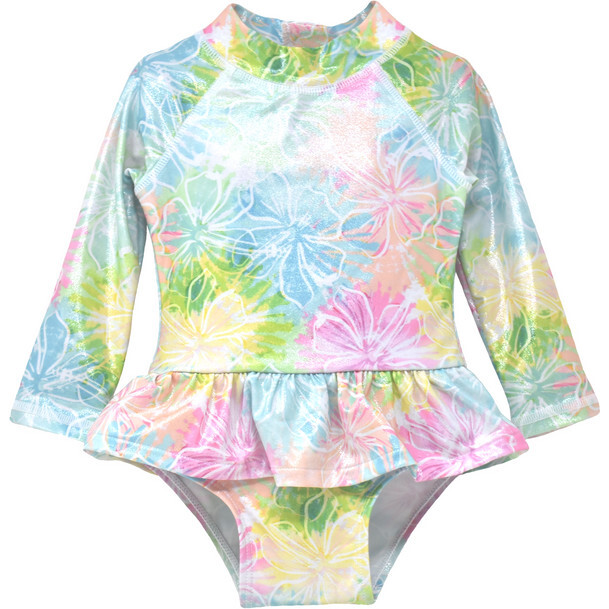 UPF 50 Alissa Infant Ruffle Rash Guard Swimsuit, Hibiscus Blooms
