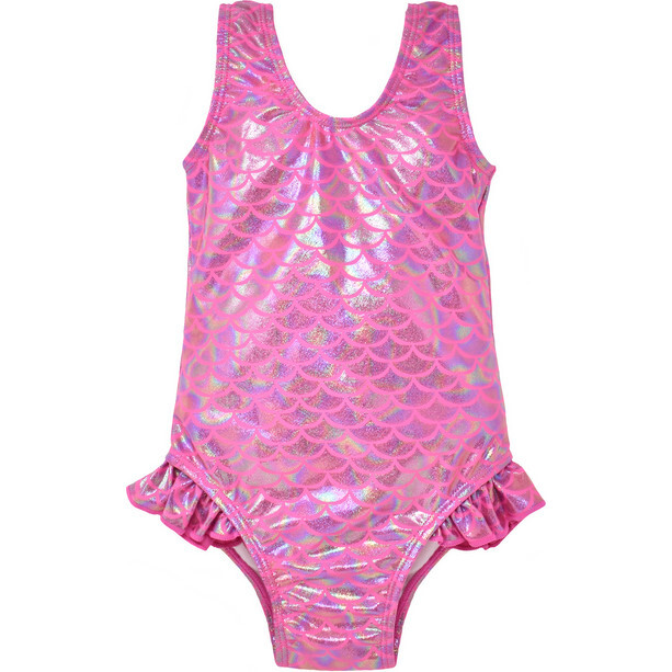 UPF 50 Delaney Hip Ruffle Swimsuit, Shiny Pink Scales