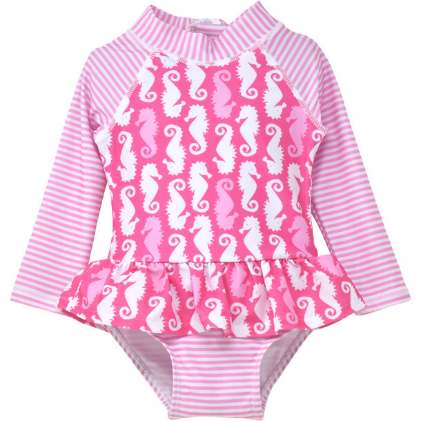 UPF 50 Alissa Infant Ruffle Rash Guard Swimsuit, Happy Pink Seahorses