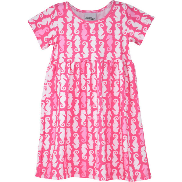 UPF 50 Laya Short Sleeve Tee Dress, Happy Pink Seahorses