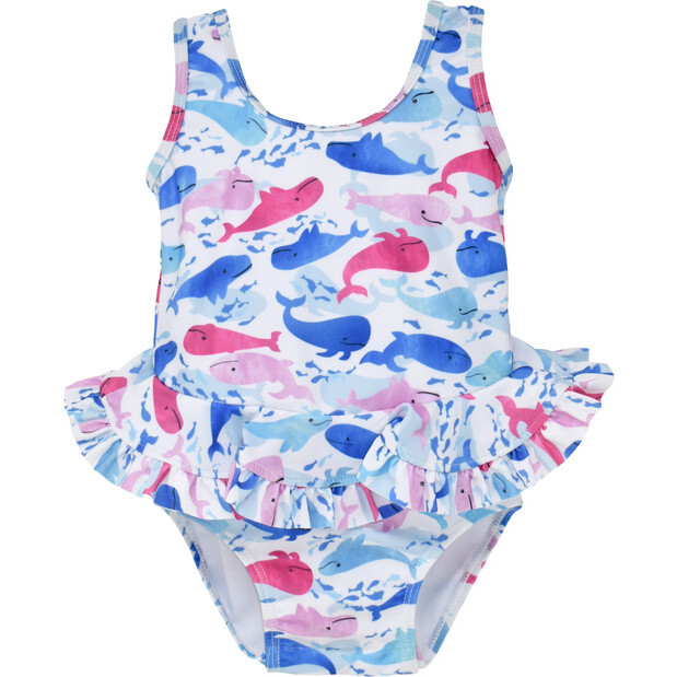 UPF 50 Stella Infant Ruffle Swimsuit, Rosy Whales