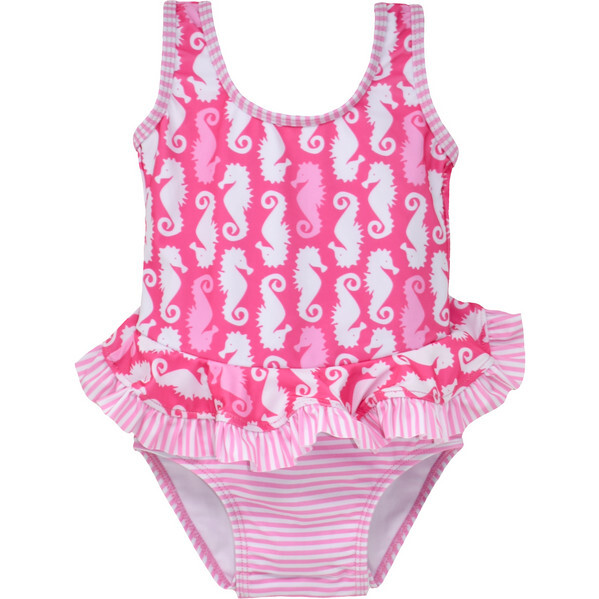 UPF 50 Stella Infant Ruffle Swimsuit, Happy Seahorses