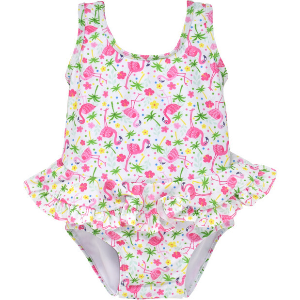 UPF 50 Stella Infant Ruffle Swimsuit, Flamingo Party