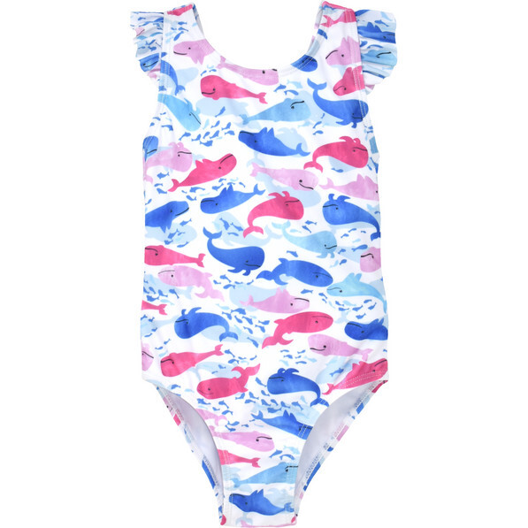 UPF 50 Lili Ruffle Straps Bow Back One-Piece Swimsuit, Rosy Whales