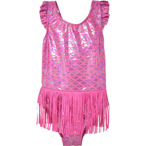 UPF 50 Keana Fringed Mermaid ScalesOne-Piece Swimsuit, Shiny Pink Scales