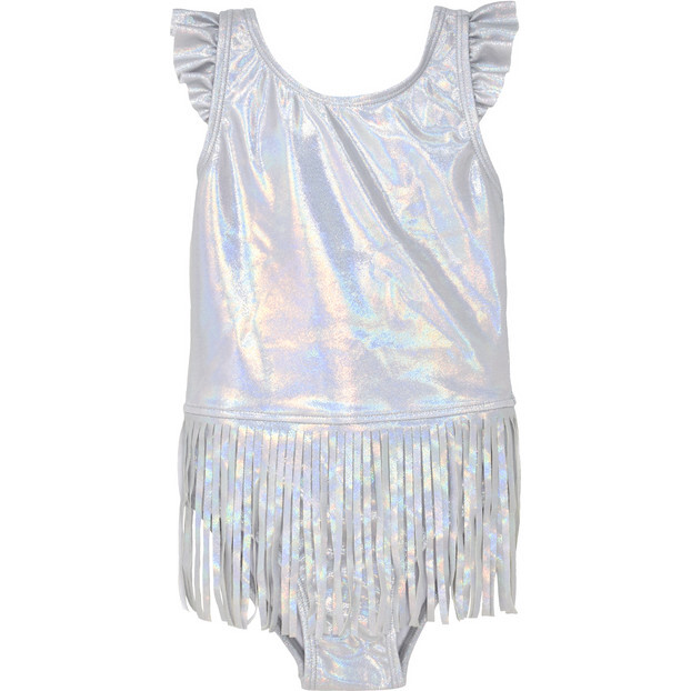 UPF 50 Keana Fringed Mermaid Scales One-Piece Swimsuit, Shimmering Silver