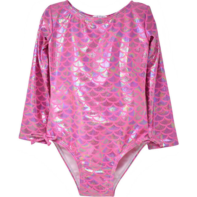 UPF 50 Charlie Long Sleeve Rash Guard Swimsuit, Shiny Pink Scales