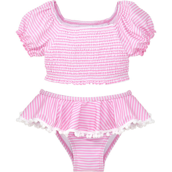 Gemma 2-Piece Smocked Pom-Pom Swimsuit, Sweet Pink Stripe