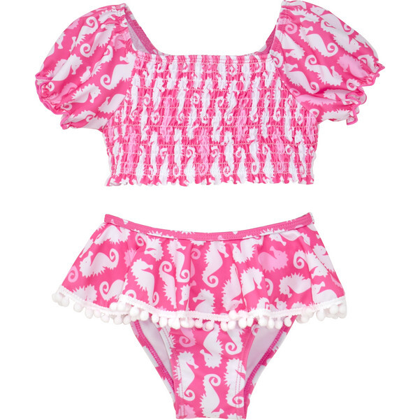 Gemma 2-Piece Smocked Pom-Pom Swimsuit, Happy Pink Seahorses