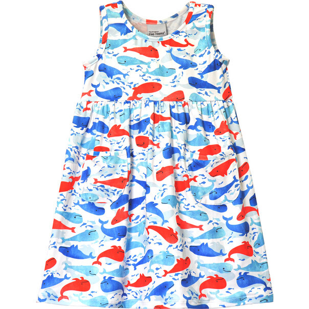 UPF 50 Dahlia Sleeveless Pocket Tee Dress, Splish Splash Whale Blue