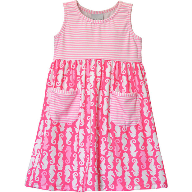 UPF 50 Dahlia Sleeveless Pocket Tee Dress, Happy Pink Seahorses