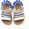 Buckled Pom-Pom Leather Sandals, White & Blue - Sandals - 3