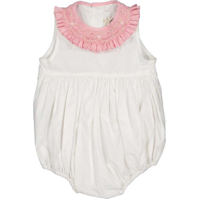 Peony Contrast Collar Smocked Bubble, White & Pink