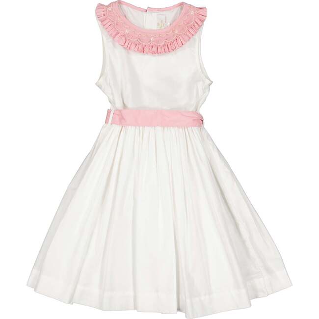 Peony Smocked Dress & Pink Collar, White