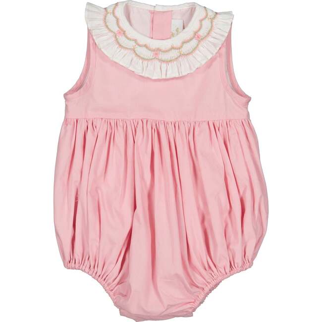 Peony Contrast Collar Smocked Bubble, Pink & White