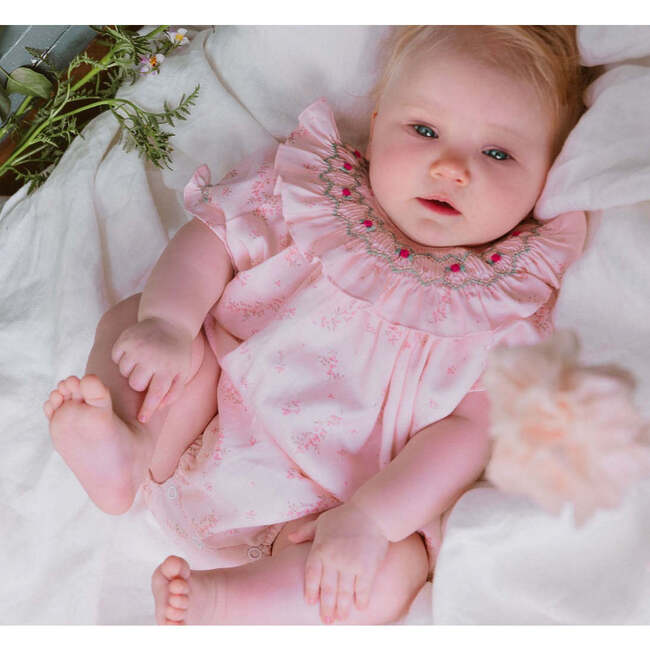 Jasmine Floral Short Puff Sleeve Bubble, Pink - Onesies - 3