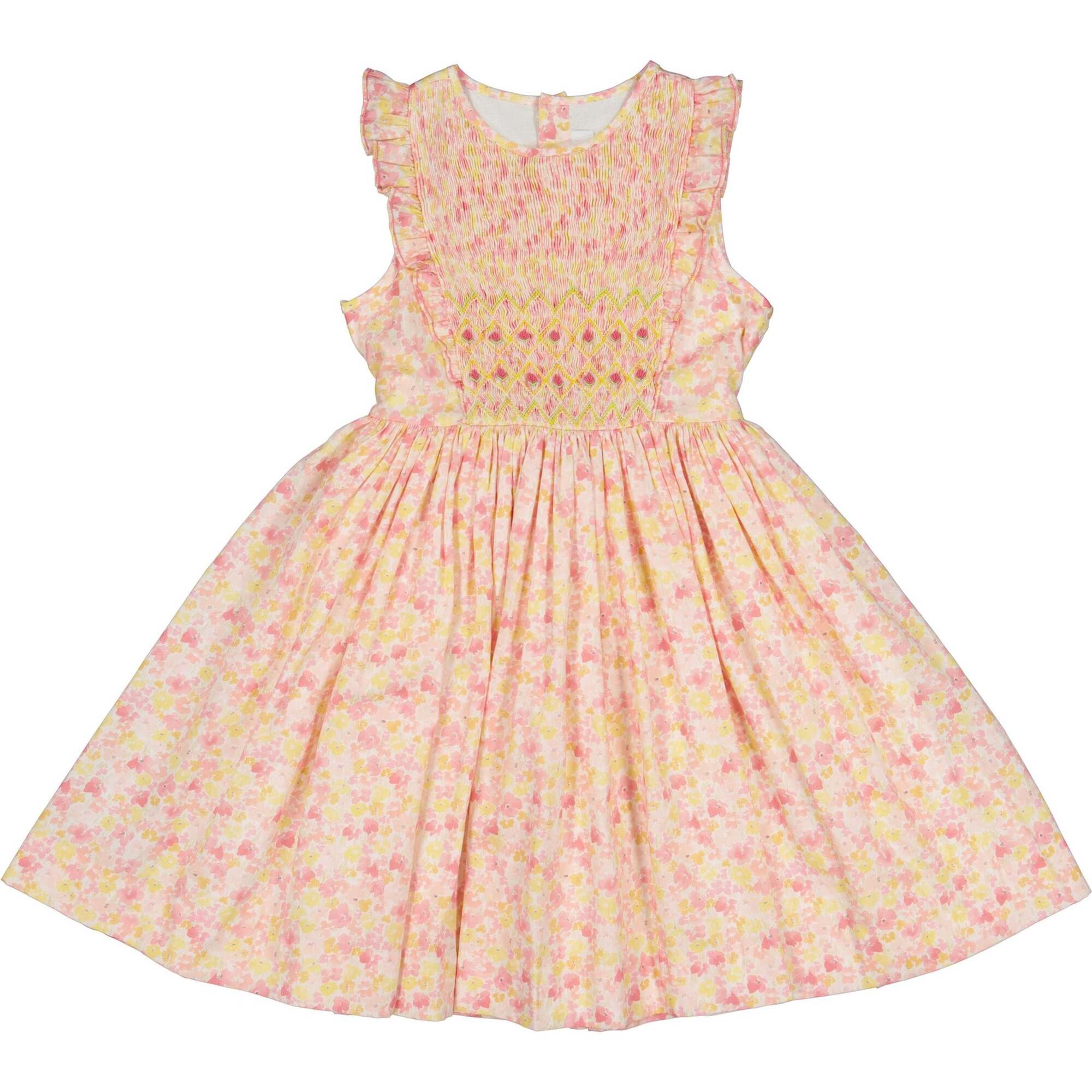Iris Floral Frilled Sleeveless Smocked Yoke Dress, Pink - Dresses - 1