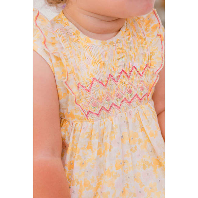 Iris Floral Frilled Sleeveless Smocked Yoke Bubble, Yellow - Onesies - 3