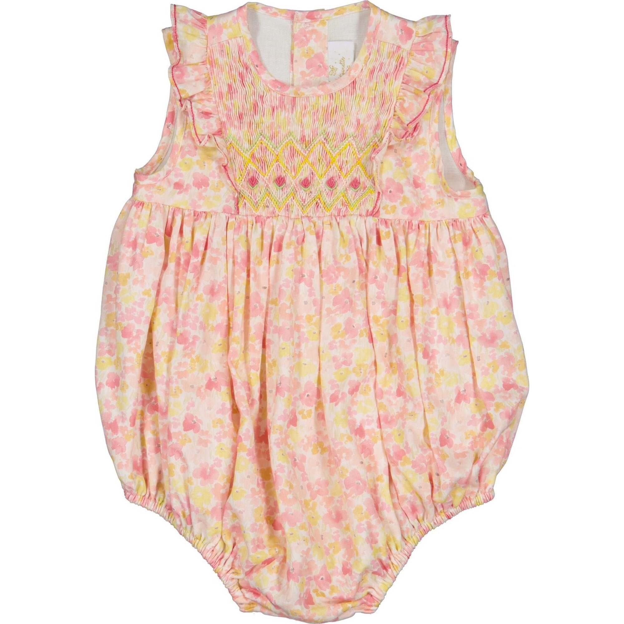 Iris Floral Frilled Sleeveless Smocked Yoke Bubble, Pink - Onesies - 1