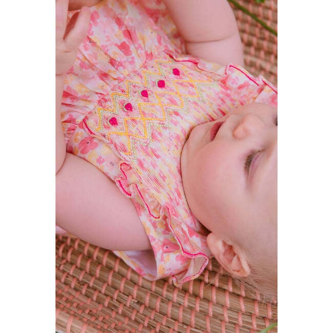 Iris Floral Frilled Sleeveless Smocked Yoke Bubble, Pink - Onesies - 3