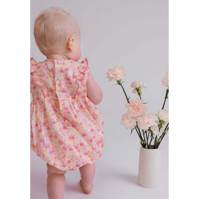 Iris Floral Frilled Sleeveless Smocked Yoke Bubble, Pink - Onesies - 4