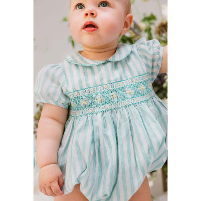 Georgette Stripe Smocked Waist Bubble, Green - Onesies - 2