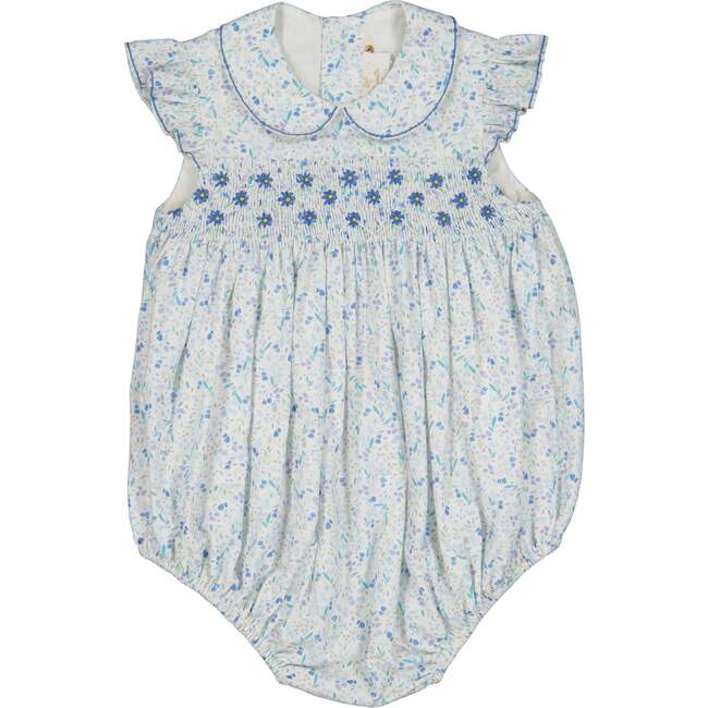 Cosmos Floral Frilled Cap Sleeve Smocked Bubble, Blue