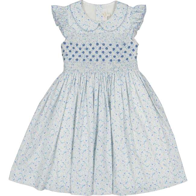 Cosmos Floral Frilled Cap Sleeve Smocked Dress, Blue